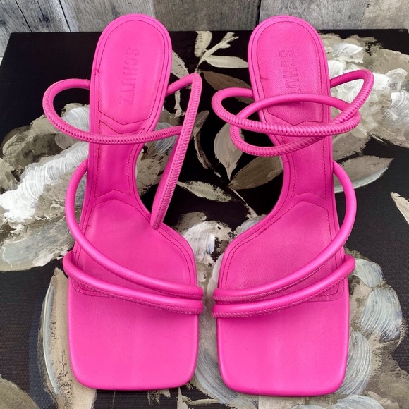 Schutz Shalla Angled-Heel Sandals in Hot Pink Size 10B. - Picture 3 of 14